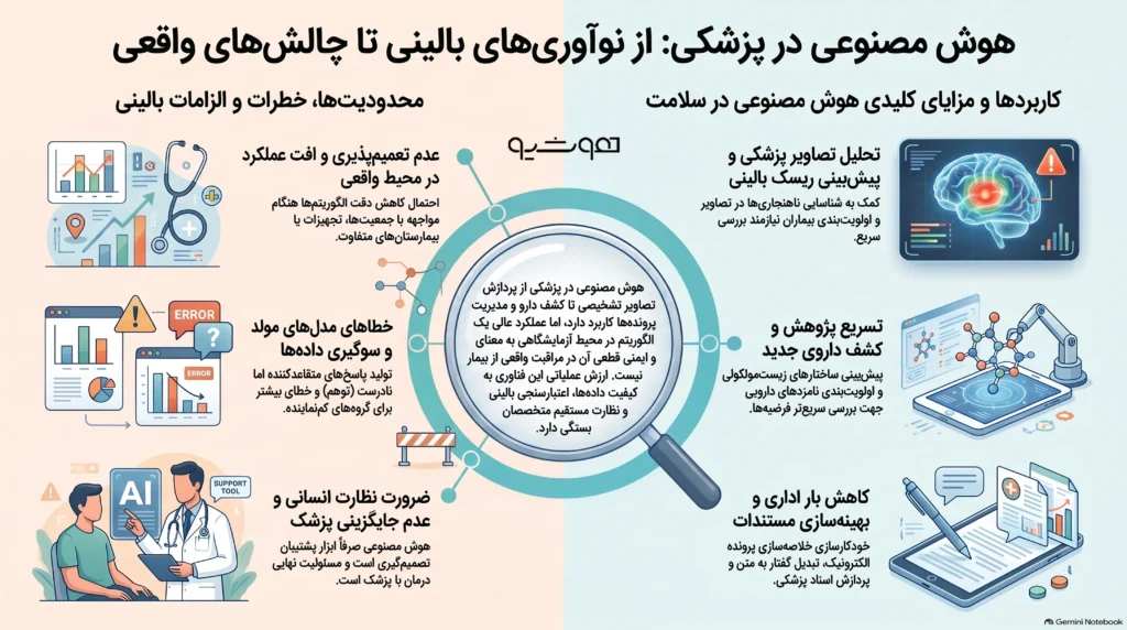 هوش مصنوعی چگونه به تشخیص بیماری، تصویربرداری پزشکی، کشف دارو و درمان شخصی‌سازی‌شده کمک می‌کند؟ با کاربردها، مزایا و محدودیت‌های بالینی آن آشنا شوید.