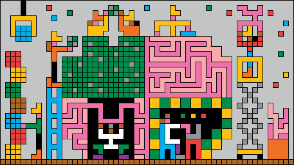 Pixel illustration of workers building and tinkering with an AI brain
